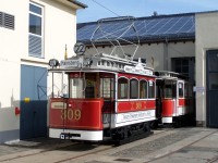 Der älteste betriebsfähige Straßenbahnwagen in Dresden: Berolina 309 + Beiwagen 87.